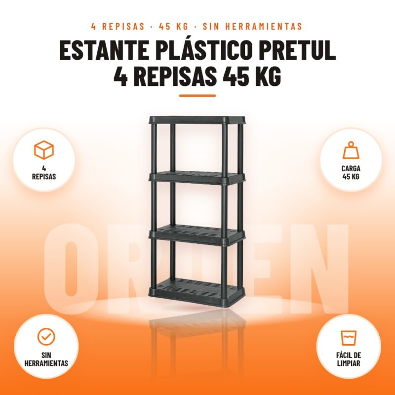 Estante Plástico Pretul 4 Repisas 45 kg: imagen promocional con 4 repisas, carga 45 kg, sin herramientas, fácil de limpiar