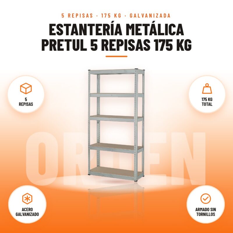 Estantería Metálica Pretul 5 Repisas 175 kg: imagen promocional con 5 repisas, 175 kg total, acero galvanizado, armado sin tornillos
