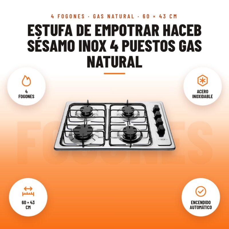 Estufa de Empotrar Haceb Sésamo Inox 4 Puestos Gas Natural: imagen promocional con 4 fogones, acero inoxidable, 60 × 43 cm, encendido automático