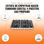 Estufa de Empotrar Haceb Tandoori Cristal 4 Puestos Gas Propano: imagen promocional con 4 puestos, cristal templado, 60 × 43 cm, encendido automático