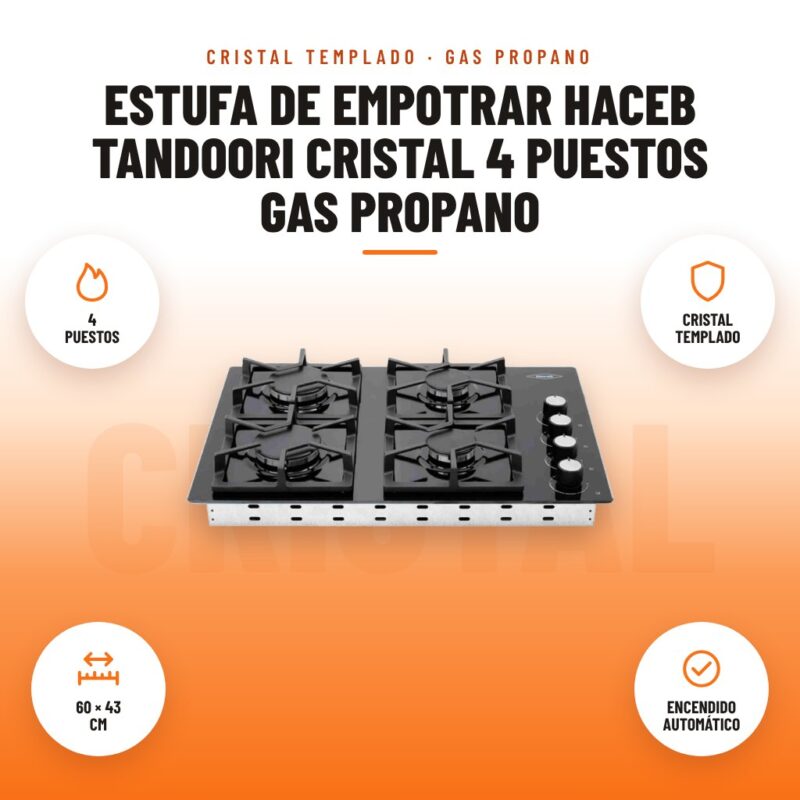 Estufa de Empotrar Haceb Tandoori Cristal 4 Puestos Gas Propano: imagen promocional con 4 puestos, cristal templado, 60 × 43 cm, encendido automático