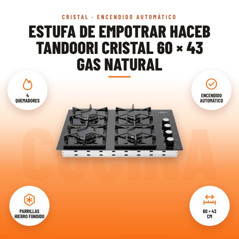 Estufa de Empotrar Haceb Tandoori Cristal 60 × 43 Gas Natural: imagen promocional con 4 quemadores, encendido automático, parrillas hierro fundido, 60 × 43 cm