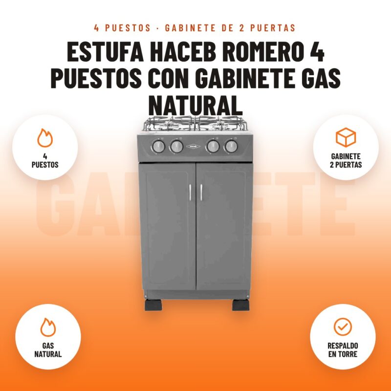 Estufa Haceb Romero 4 Puestos con Gabinete Gas Natural: imagen promocional con 4 puestos, gabinete 2 puertas, gas natural, respaldo en torre