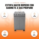 Estufa Haceb Romero con Gabinete a Gas Propano: imagen promocional con 4 puestos, gas propano, gabinete 2 puertas, fácil limpieza