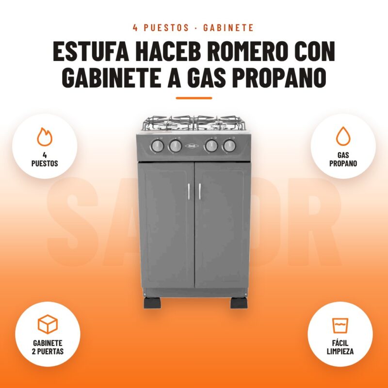 Estufa Haceb Romero con Gabinete a Gas Propano: imagen promocional con 4 puestos, gas propano, gabinete 2 puertas, fácil limpieza