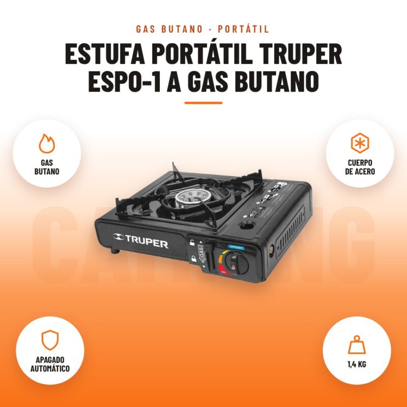 Estufa Portátil Truper ESPO-1 a Gas Butano: imagen promocional con gas butano, cuerpo de acero, apagado automático, 1,4 kg