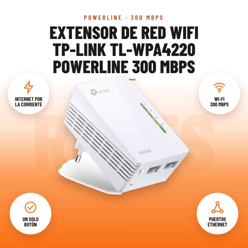 Extensor de Red WiFi TP-Link TL-WPA4220 Powerline 300 Mbps: imagen promocional con internet por la corriente, wi-fi 300 mbps, un solo botón, puertos ethernet