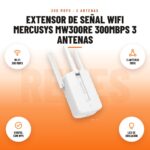 Extensor de Señal WiFi Mercusys MW300RE 300Mbps 3 Antenas: imagen promocional con wi-fi 300 mbps, 3 antenas mimo, config. con wps, led de ubicación