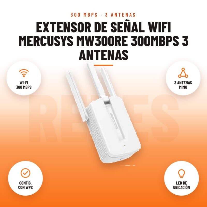Extensor de Señal WiFi Mercusys MW300RE 300Mbps 3 Antenas: imagen promocional con wi-fi 300 mbps, 3 antenas mimo, config. con wps, led de ubicación