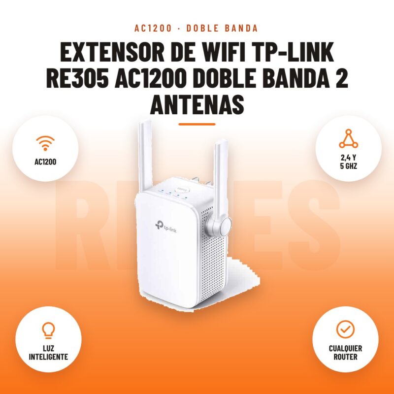 Extensor de WiFi TP-Link RE305 AC1200 Doble Banda 2 Antenas: imagen promocional con ac1200, 2,4 y 5 ghz, luz inteligente, cualquier router