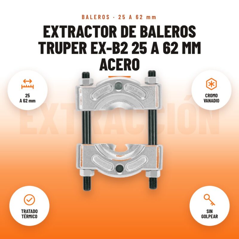Extractor de Baleros Truper EX-B2 25 a 62 mm Acero: imagen promocional con 25 a 62 mm, cromo vanadio, tratado térmico, sin golpear
