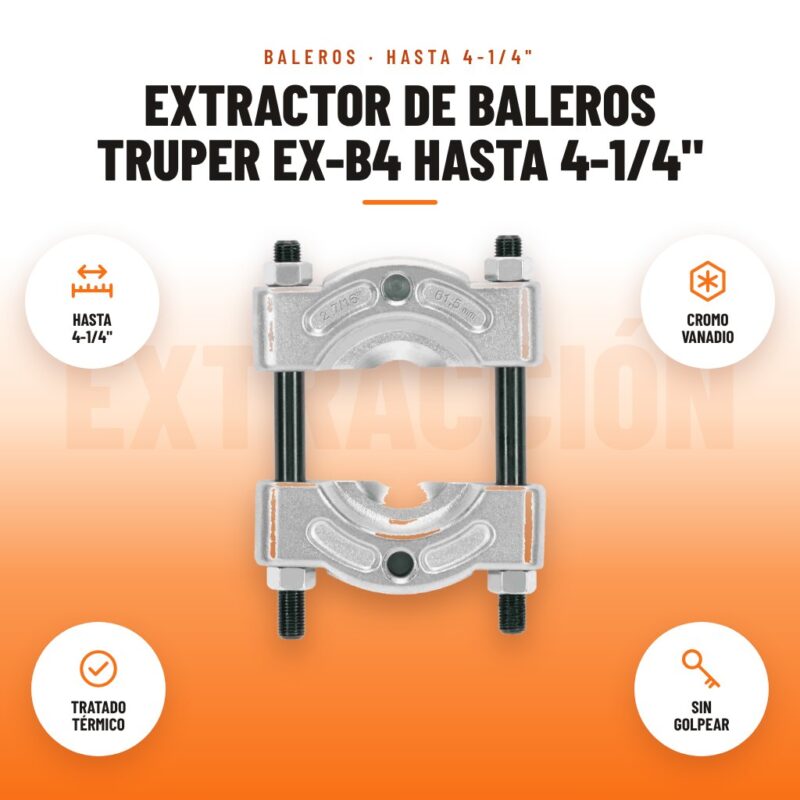 Extractor de Baleros Truper EX-B4 hasta 4-1/4": imagen promocional con hasta 4-1/4", cromo vanadio, tratado térmico, sin golpear