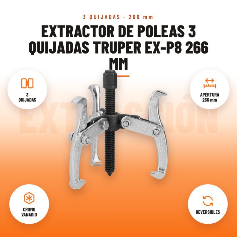 Extractor de Poleas 3 Quijadas Truper EX-P8 266 mm: imagen promocional con 3 quijadas, apertura 266 mm, cromo vanadio, reversibles