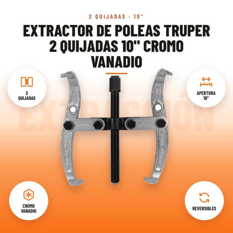 Extractor de Poleas Truper 2 Quijadas 10" Cromo Vanadio: imagen promocional con 2 quijadas, apertura 10", cromo vanadio, reversibles