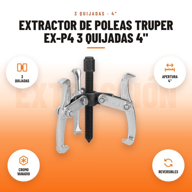 Extractor de Poleas Truper EX-P4 3 Quijadas 4": imagen promocional con 3 quijadas, apertura 4", cromo vanadio, reversibles