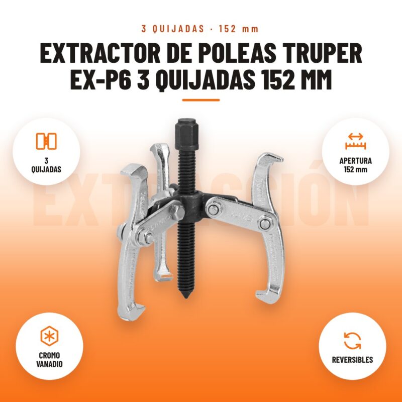 Extractor de Poleas Truper EX-P6 3 Quijadas 152 mm: imagen promocional con 3 quijadas, apertura 152 mm, cromo vanadio, reversibles
