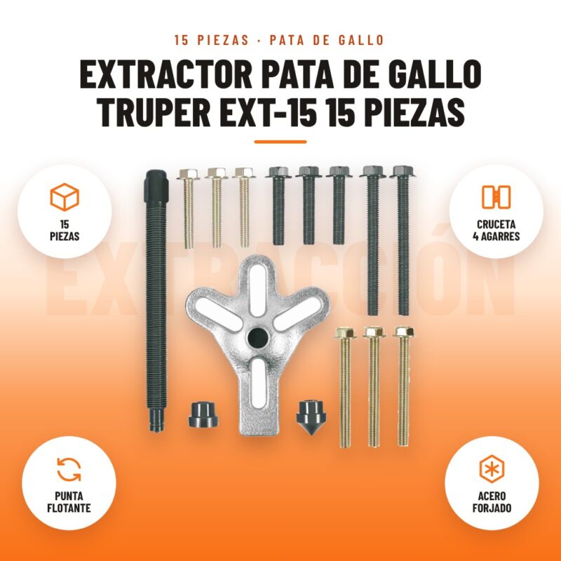 Extractor pata de gallo Truper EXT-15 15 piezas: imagen promocional con 15 piezas, cruceta 4 agarres, punta flotante, acero forjado