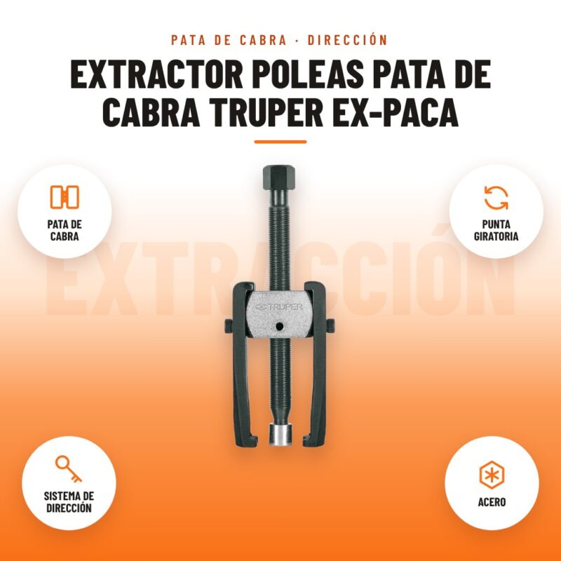 Extractor Poleas Pata de Cabra Truper EX-PACA: imagen promocional con pata de cabra, punta giratoria, sistema de dirección, acero