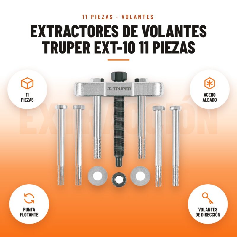 Extractores de Volantes Truper EXT-10 11 Piezas: imagen promocional con 11 piezas, acero aleado, punta flotante, volantes de dirección