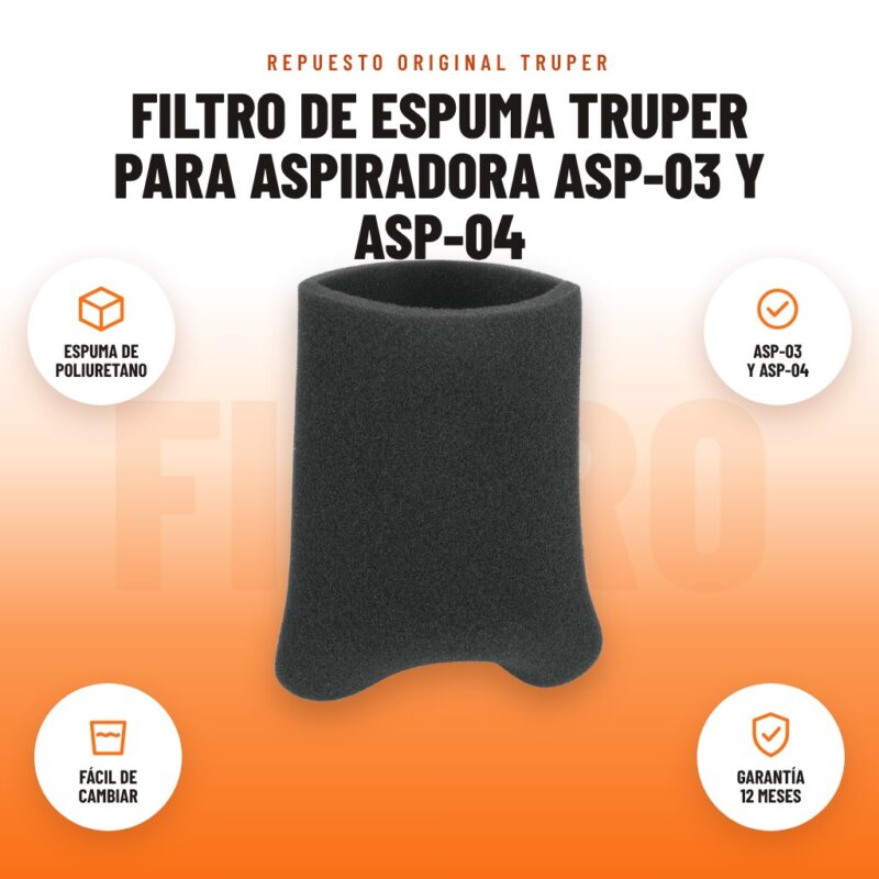 Filtro de Espuma Truper para Aspiradora ASP-03 y ASP-04: imagen promocional con espuma de poliuretano, asp-03 y asp-04, fácil de cambiar, garantía 12 meses