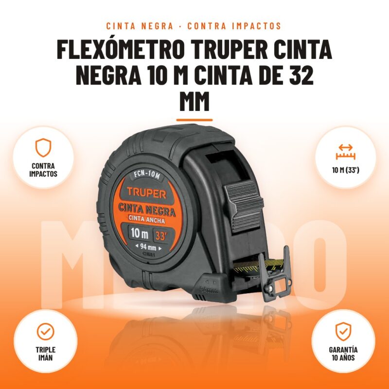 Flexómetro Truper Cinta Negra 10 m Cinta de 32 mm: imagen promocional con contra impactos, 10 m (33'), triple imán, garantía 10 años