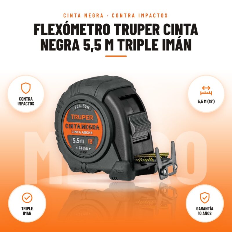 Flexómetro Truper Cinta Negra 5,5 m Triple Imán: imagen promocional con contra impactos, 5,5 m (18'), triple imán, garantía 10 años