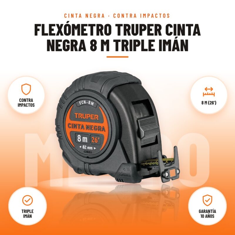 Flexómetro Truper Cinta Negra 8 m Triple Imán: imagen promocional con contra impactos, 8 m (26'), triple imán, garantía 10 años