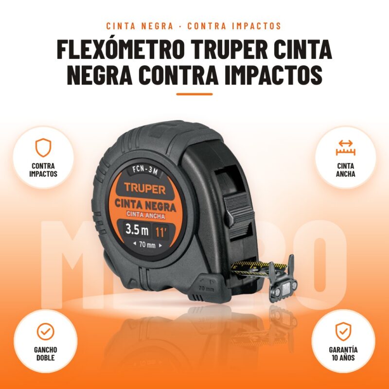 Flexómetro Truper Cinta Negra contra Impactos: imagen promocional con contra impactos, cinta ancha, gancho doble, garantía 10 años