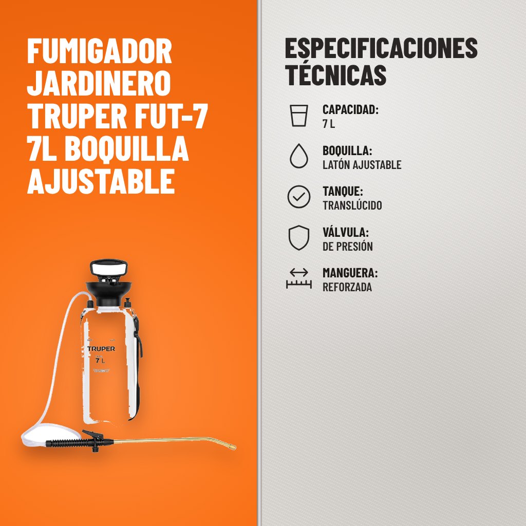 Especificaciones técnicas de Fumigador Jardinero Truper FUT-7 7L Boquilla Ajustable