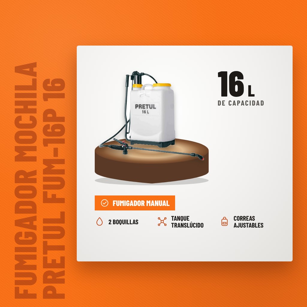 Fumigador Mochila Pretul FUM-16P 16 Litros Manual sobre soporte con sus beneficios principales