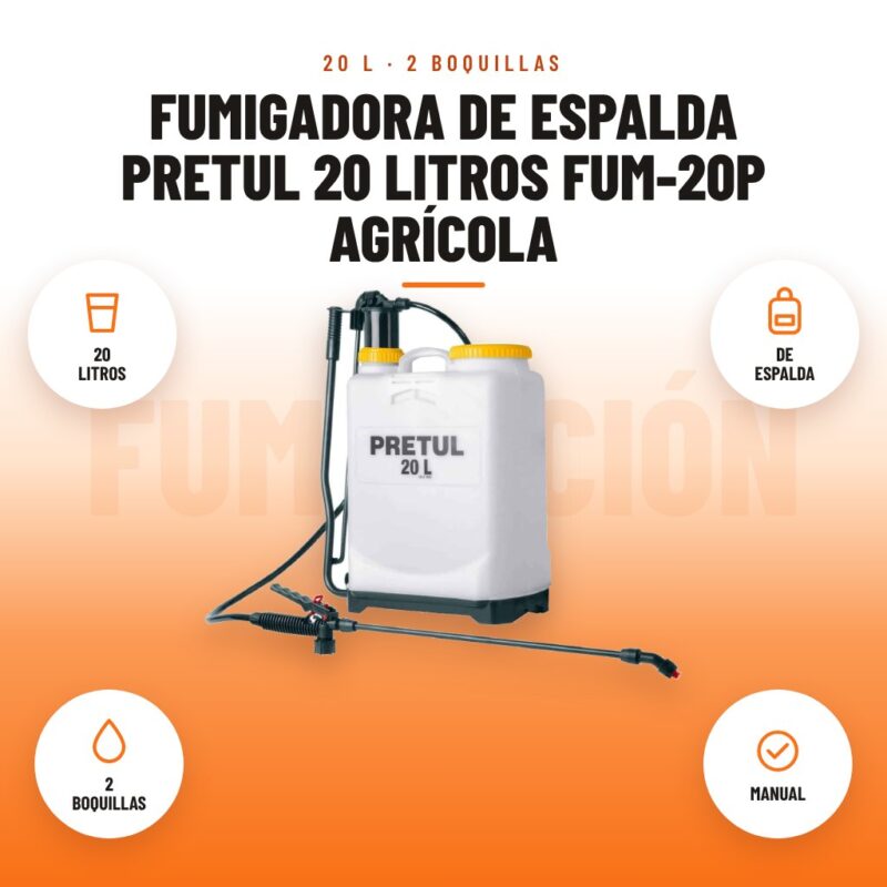 Fumigadora de Espalda Pretul 20 Litros FUM-20P Agrícola: imagen promocional con 20 litros, de espalda, 2 boquillas, manual
