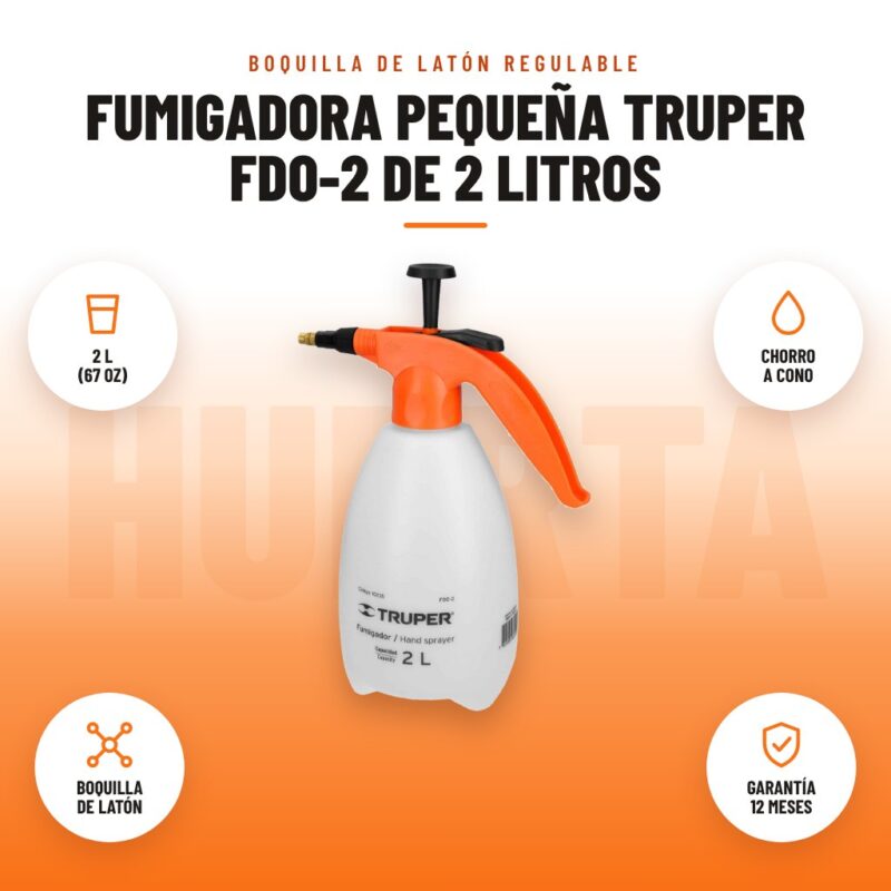 Fumigadora Pequeña Truper FDO-2 de 2 Litros: imagen promocional con 2 l (67 oz), chorro a cono, boquilla de latón, garantía 12 meses