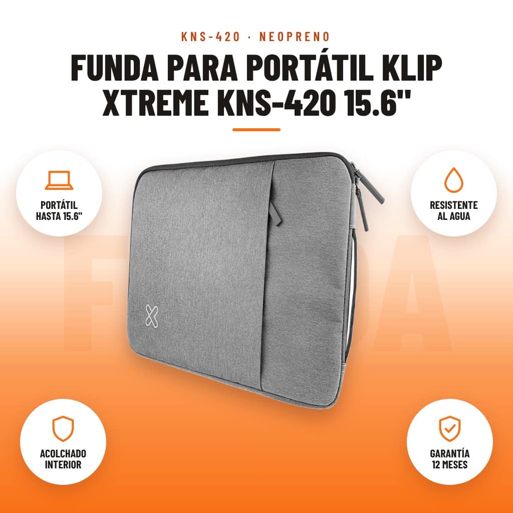 Funda para Portátil Klip Xtreme KNS-420 15.6": imagen promocional con portátil hasta 15.6", resistente al agua, acolchado interior, garantía 12 meses