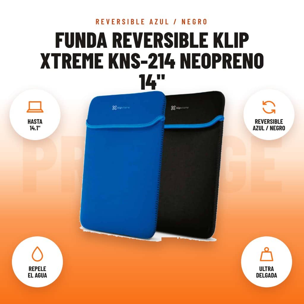 Funda Reversible Klip Xtreme KNS-214 Neopreno 14": imagen promocional con hasta 14.1", reversible azul / negro, repele el agua, ultra delgada
