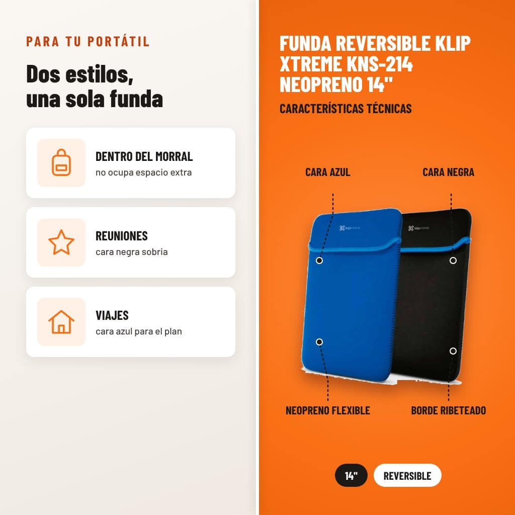 Funda Reversible Klip Xtreme KNS-214 Neopreno 14": usos y características técnicas señaladas