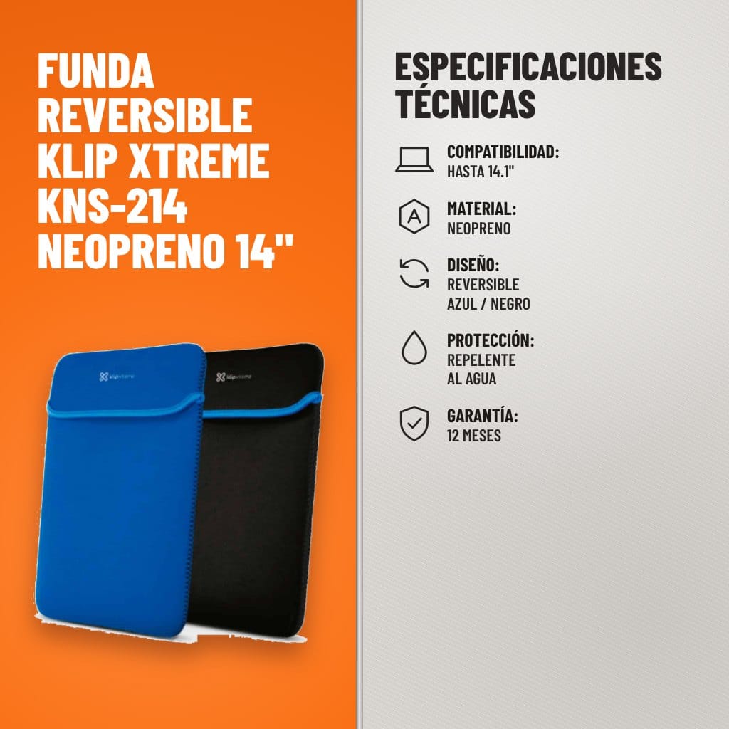 Especificaciones técnicas de Funda Reversible Klip Xtreme KNS-214 Neopreno 14"