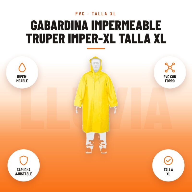 Gabardina Impermeable Truper IMPER-XL Talla XL: imagen promocional con imper- meable, pvc con forro, capucha ajustable, talla xl