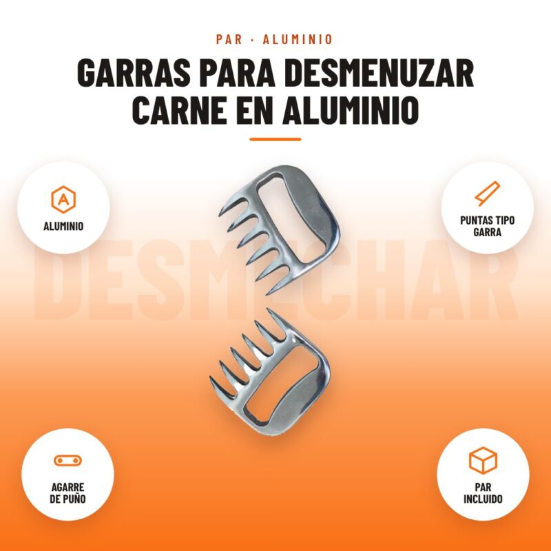 Garras para Desmenuzar Carne en Aluminio: imagen promocional con aluminio, puntas tipo garra, agarre de puño, par incluido