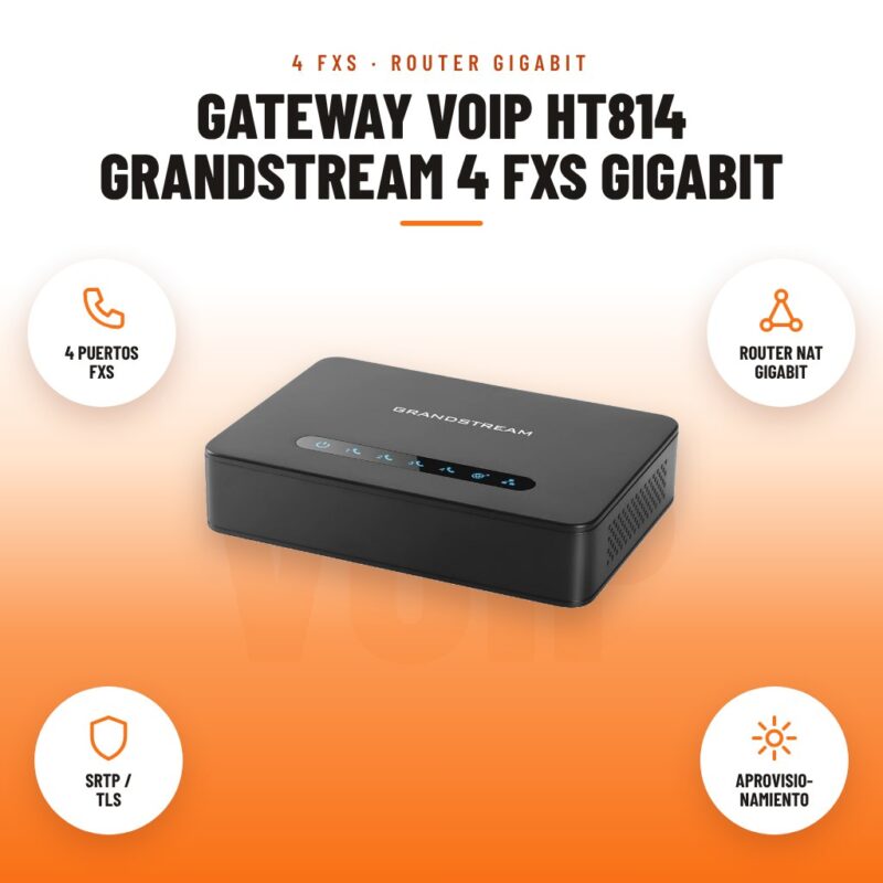 Gateway VoIP HT814 Grandstream 4 FXS Gigabit: imagen promocional con 4 puertos fxs, router nat gigabit, srtp / tls, aprovisio- namiento