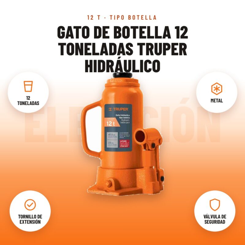 Gato de Botella 12 Toneladas Truper Hidráulico: imagen promocional con 12 toneladas, metal, tornillo de extensión, válvula de seguridad
