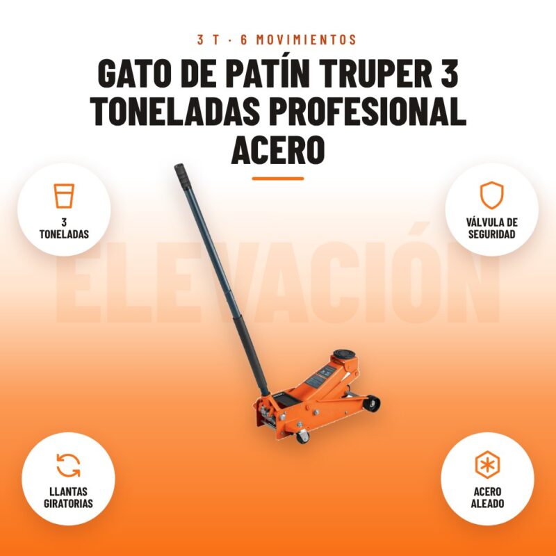 Gato de Patín Truper 3 Toneladas Profesional Acero: imagen promocional con 3 toneladas, válvula de seguridad, llantas giratorias, acero aleado