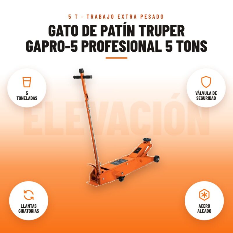 Gato de Patín Truper GAPRO-5 Profesional 5 Tons: imagen promocional con 5 toneladas, válvula de seguridad, llantas giratorias, acero aleado