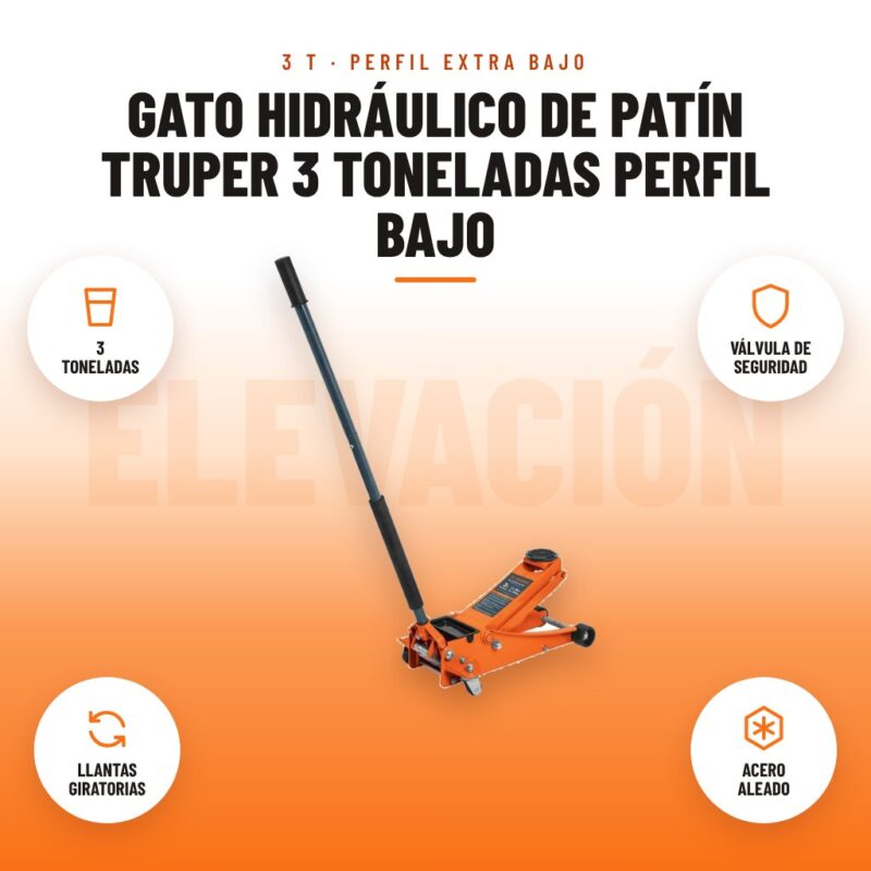 Gato Hidráulico de Patín Truper 3 Toneladas Perfil Bajo: imagen promocional con 3 toneladas, válvula de seguridad, llantas giratorias, acero aleado