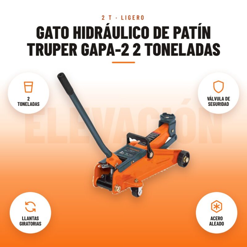 Gato Hidráulico de Patín Truper GAPA-2 2 Toneladas: imagen promocional con 2 toneladas, válvula de seguridad, llantas giratorias, acero aleado
