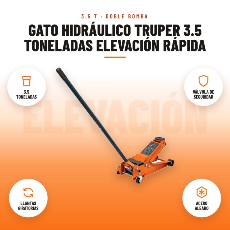 Gato Hidráulico Truper 3.5 Toneladas Elevación Rápida: imagen promocional con 3.5 toneladas, válvula de seguridad, llantas giratorias, acero aleado
