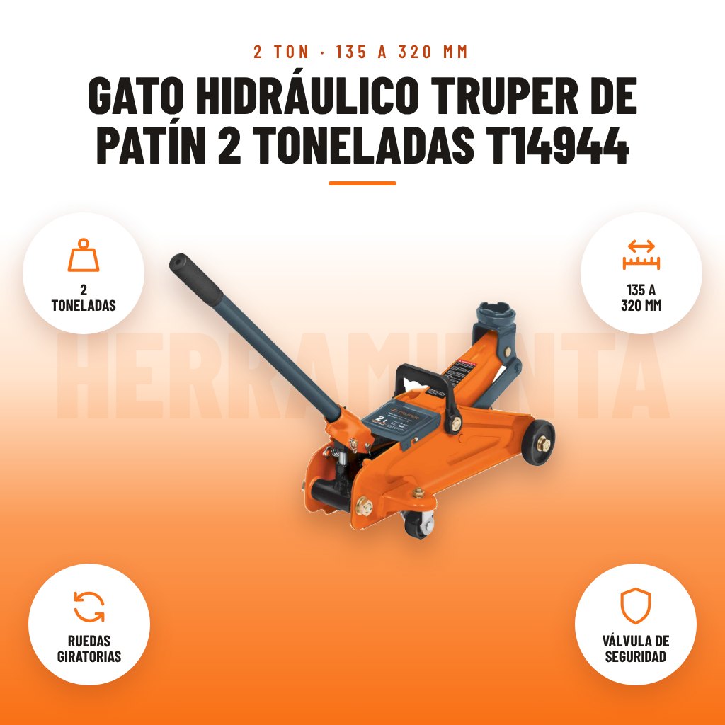 Gato Hidráulico Truper de Patín 2 Toneladas T14944: imagen promocional con 2 toneladas, 135 a 320 mm, ruedas giratorias, válvula de seguridad