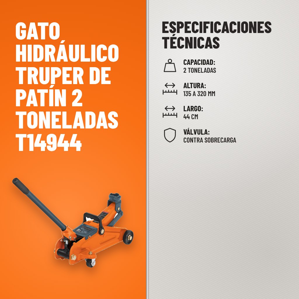 Especificaciones técnicas de Gato Hidráulico Truper de Patín 2 Toneladas T14944