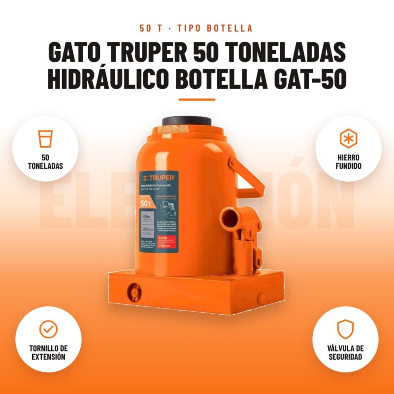 Gato Truper 50 Toneladas Hidráulico Botella GAT-50: imagen promocional con 50 toneladas, hierro fundido, tornillo de extensión, válvula de seguridad