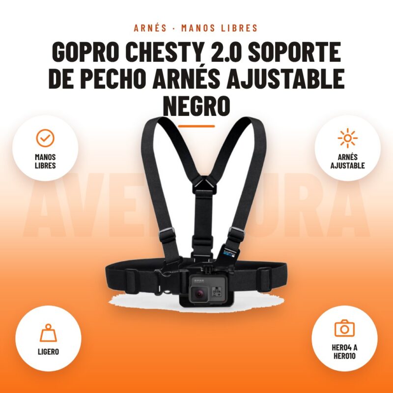 GoPro Chesty 2.0 Soporte de Pecho Arnés Ajustable Negro: imagen promocional con manos libres, arnés ajustable, ligero, hero4 a hero10