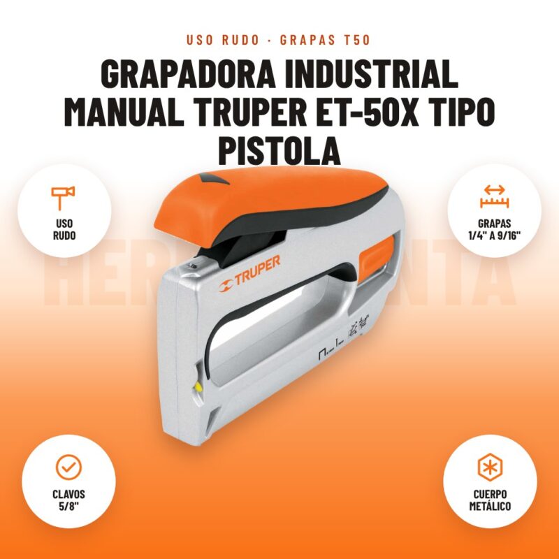 Grapadora Industrial Manual Truper ET-50X Tipo Pistola: imagen promocional con uso rudo, grapas 1/4" a 9/16", clavos 5/8", cuerpo metálico